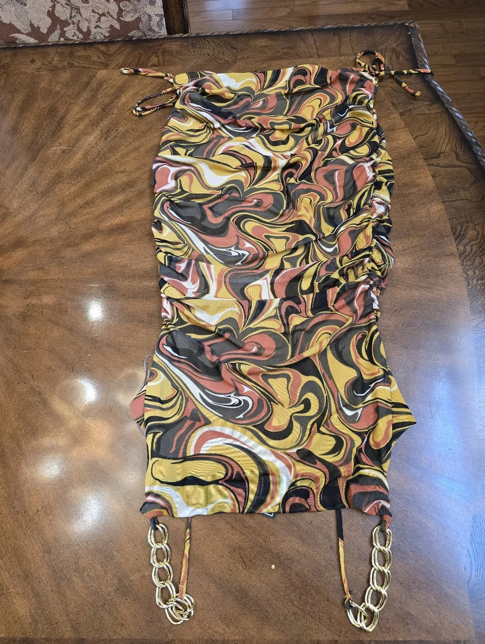 Cowl Neck Chain-Strap Dress in Mustard Swirl - Picture 3 of 6